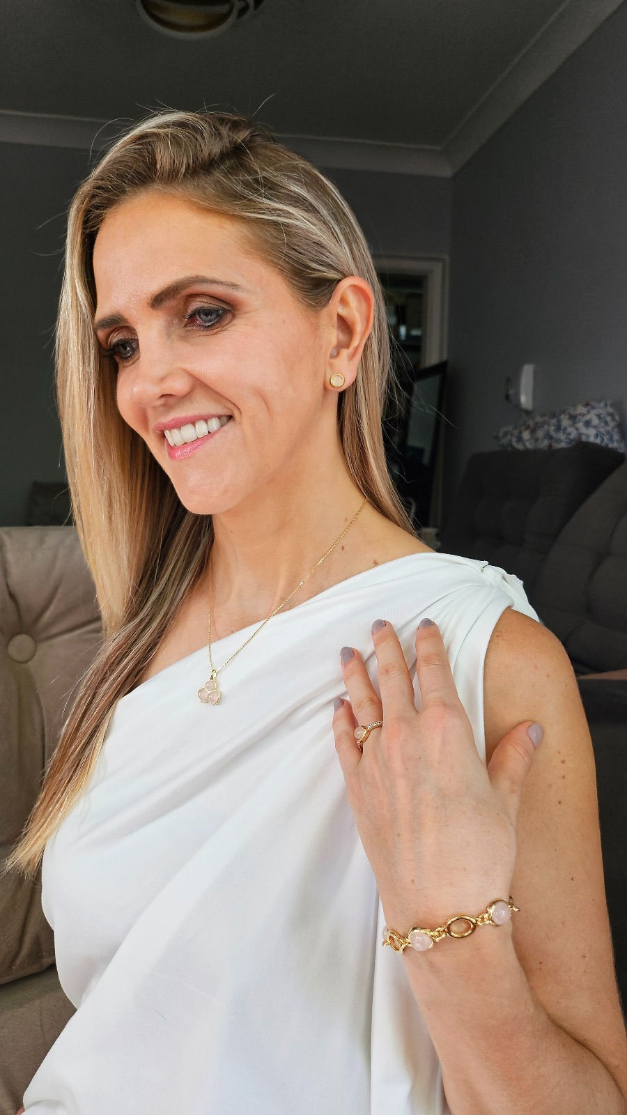 Miniatura: Pulseira Dourada de Quartzo Rosa