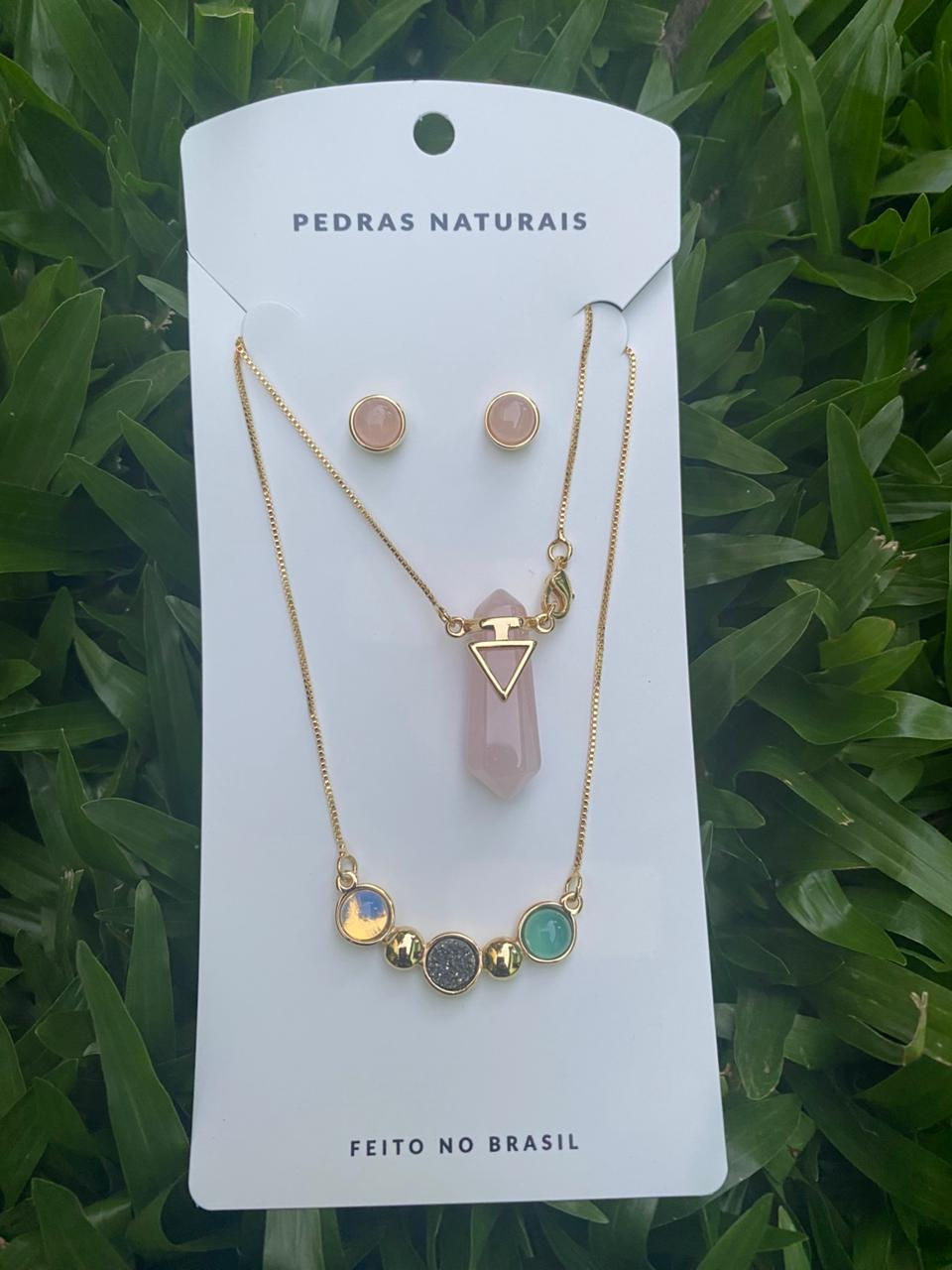 Miniatura: Conjunto Dourado P Duplo Quartzo Rosa, Ponta, tres pedras