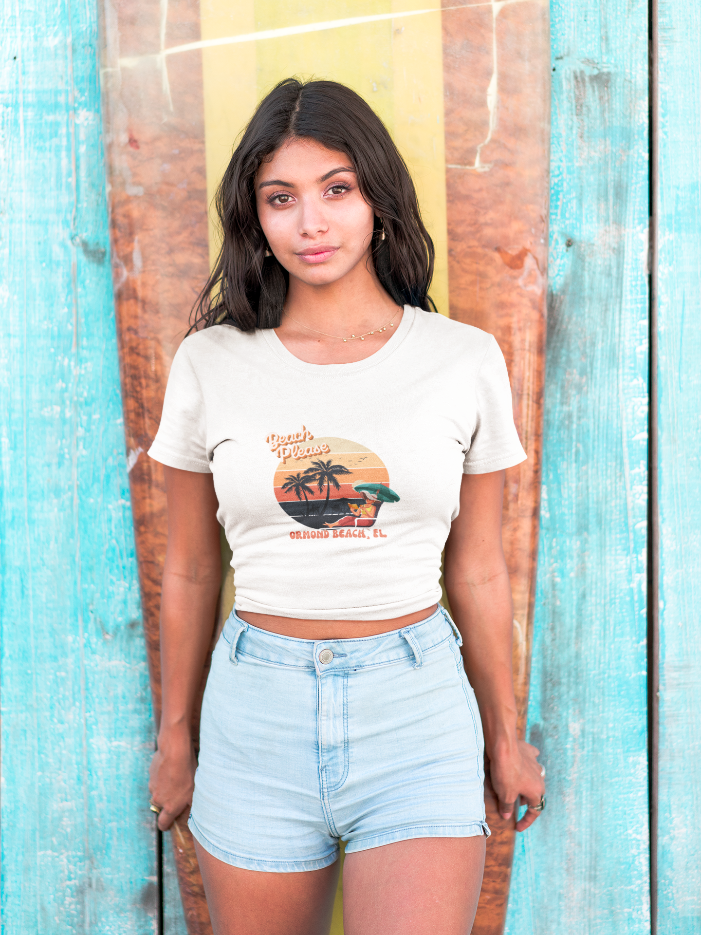 Girl standing wearing beach please ormond beach souvenir t-shirt