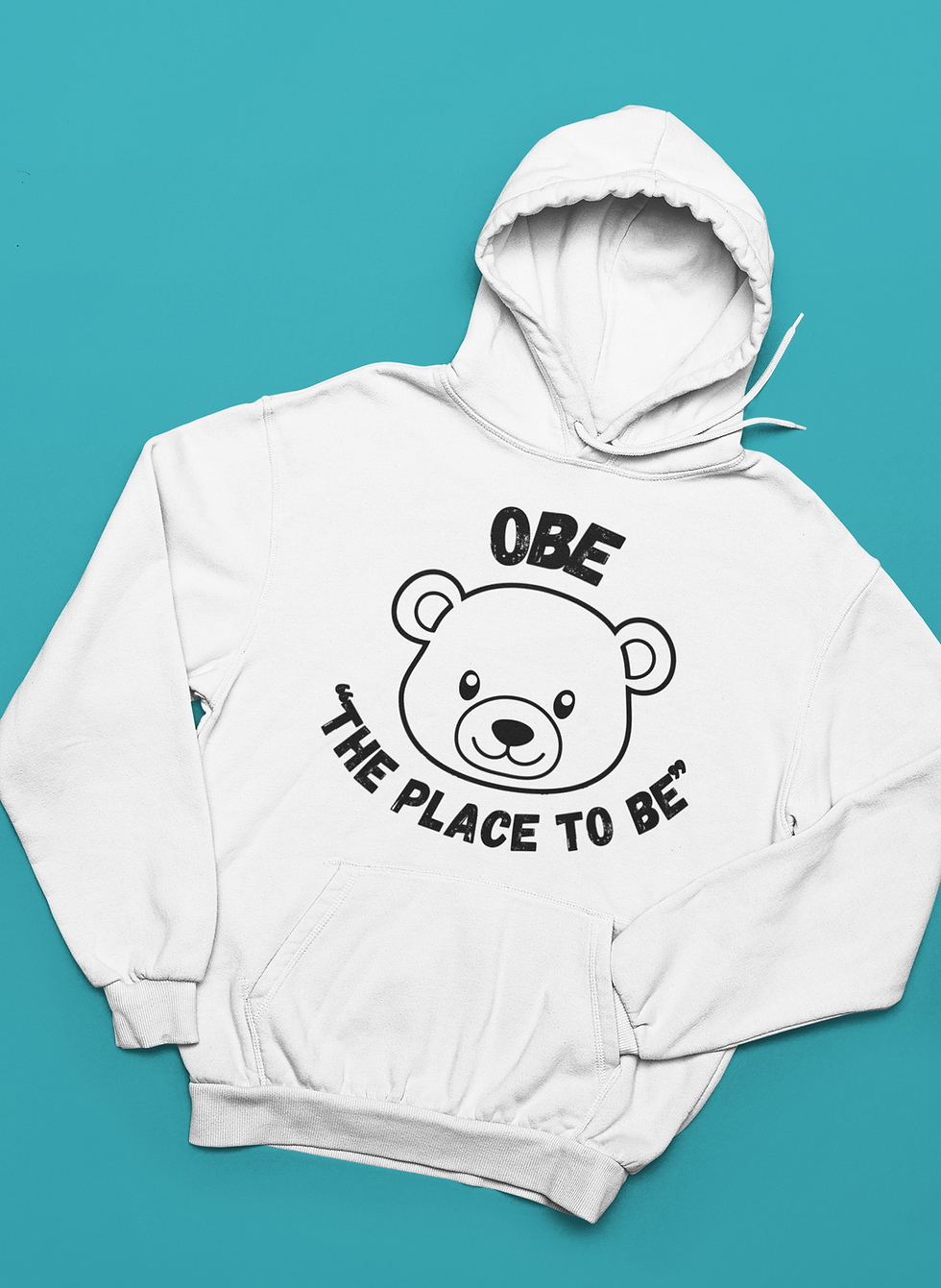 White hooded sweatshirt with OBE Bear Graphic design