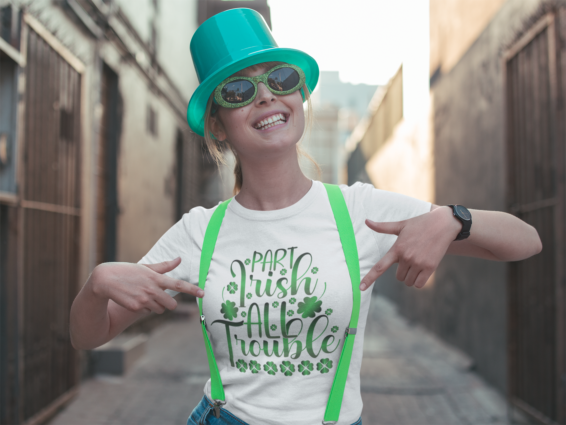 Woman Wearing Part Irish, All Trouble T-Shirt