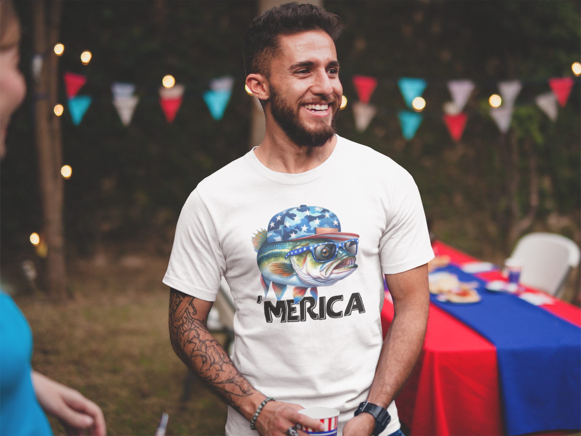 Man wearing white tshirt with merica bass fish graphic design