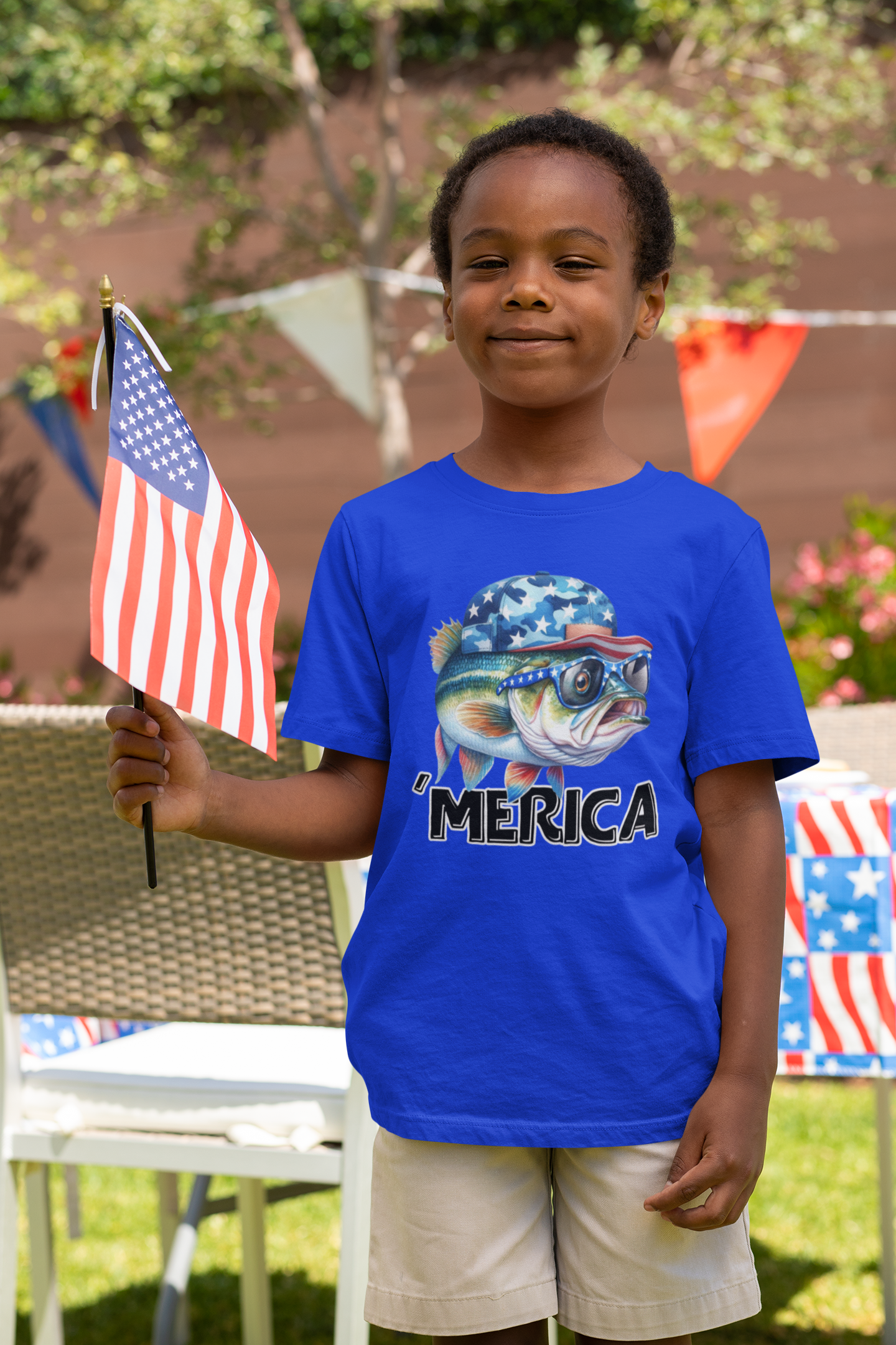 boy wearing blue tshirt with merica bass fish graphic design