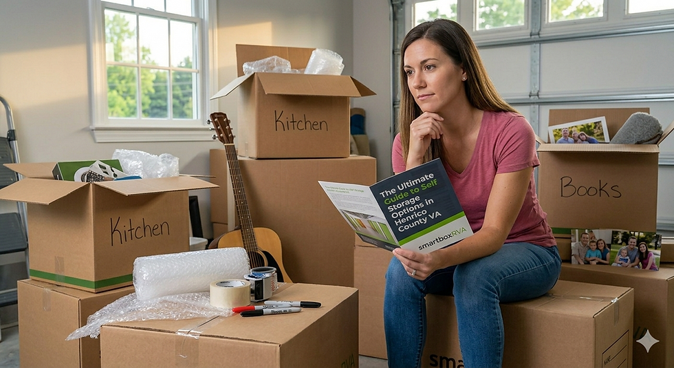 A woman sits amidst labeled moving boxes, thoughtfully reading a guide on local self-storage options, contemplating the best way to manage her belongings.