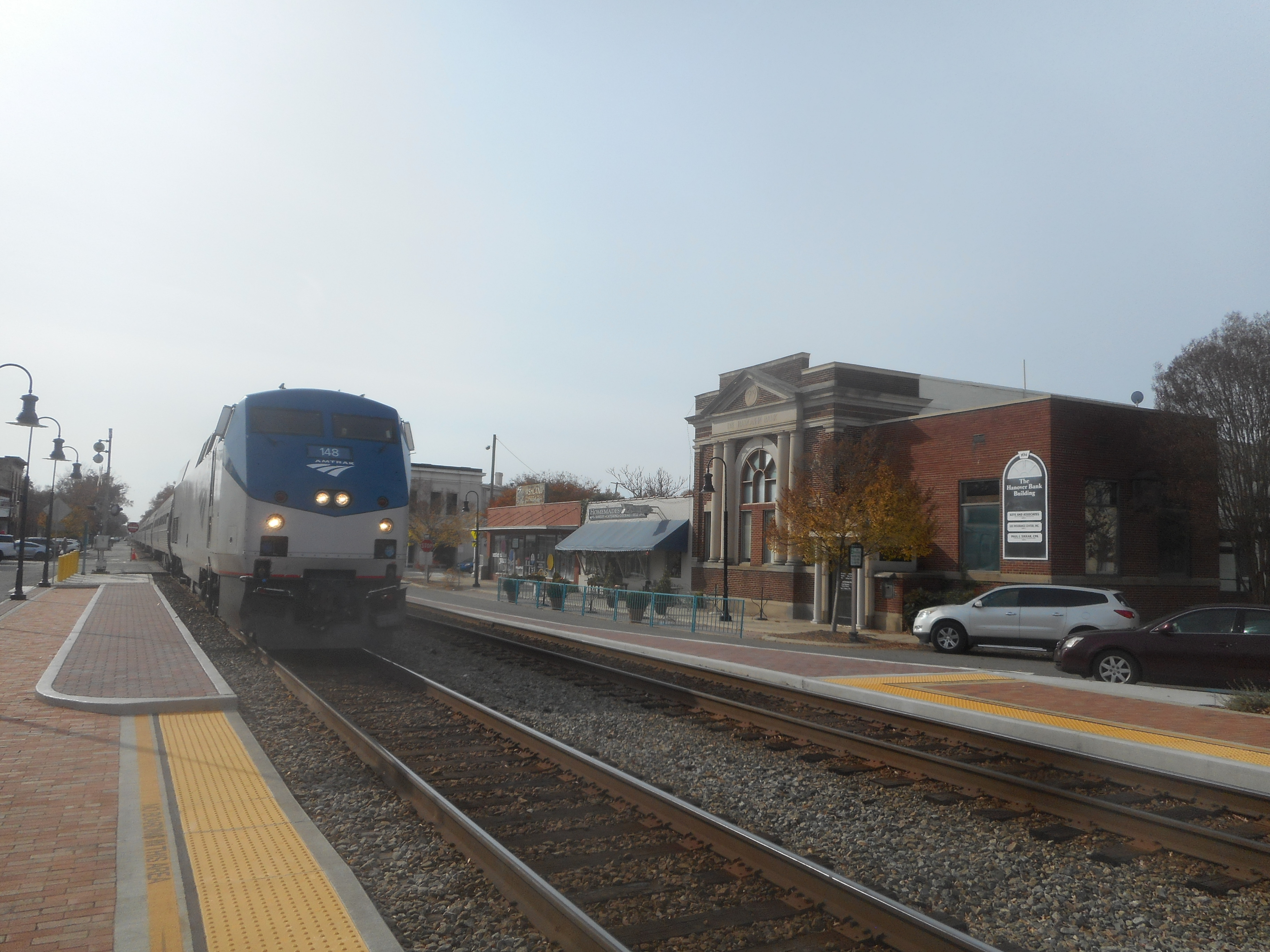 Amtrak train arriving at the historic Ashland station in Ashland, Virginia