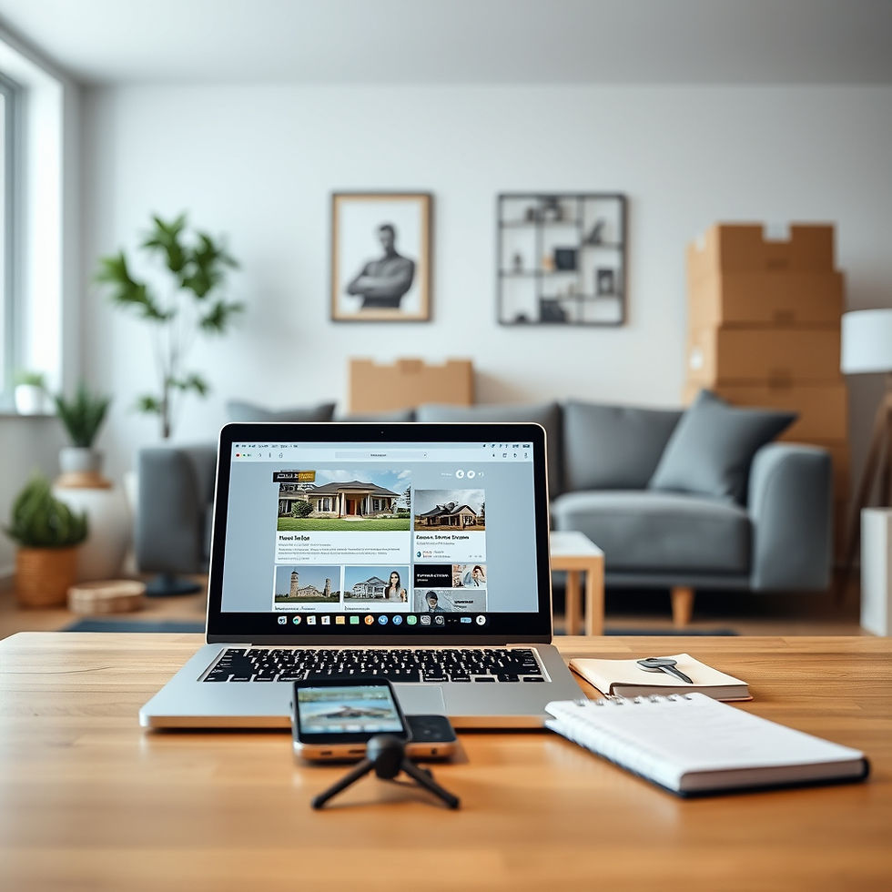 Laptop on a wooden desk in a bright living room, with a phone, notebook and moving boxes; calm, work-from-home scene.
