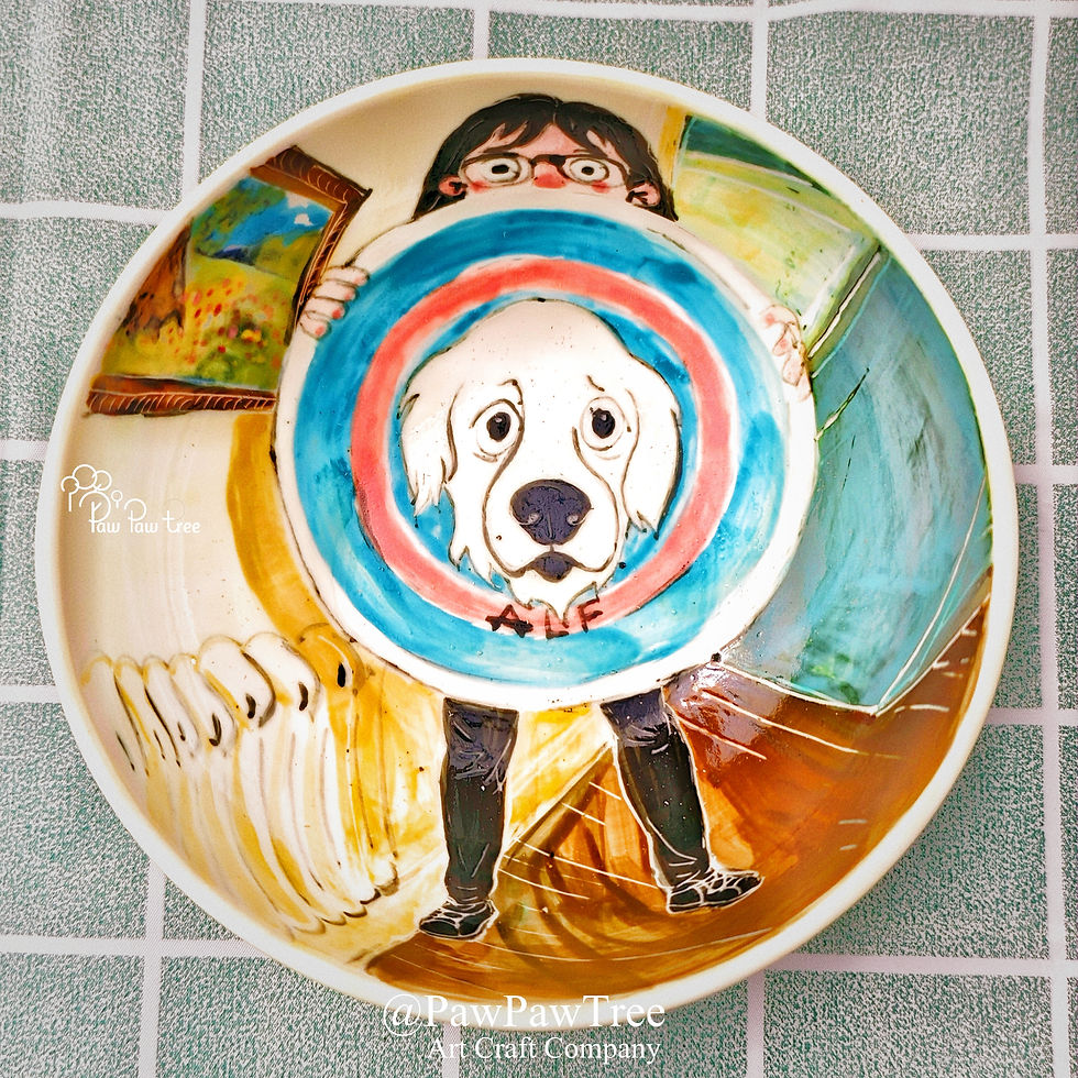Hand-painted ceramic bowl with a cartoon-style dog portrait, handmade by Paw Paw Tree 1