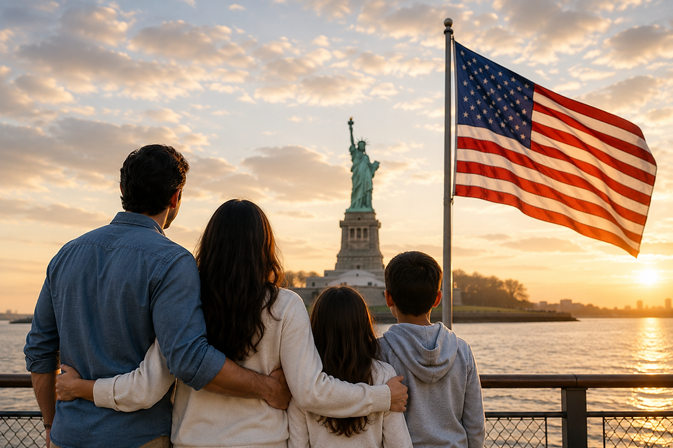 Uma família de quatro pessoas, um homem e uma mulher com duas crianças, abraçados, olhando para a Estátua da Liberdade e a bandeira dos Estados Unidos.