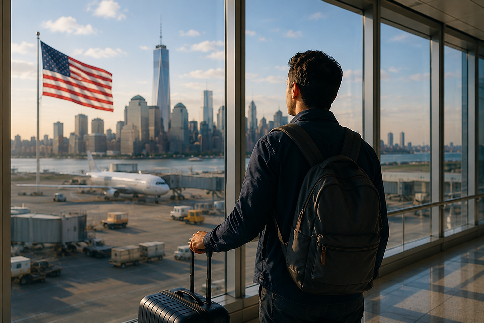 Man with backpack and suitcase looks out airport window at U.S. flag and skyline on a sunny day.