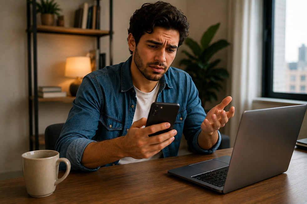 Worried man in a home office checks his phone beside an open laptop and coffee mug, with a lamp, plant, and window behind him.