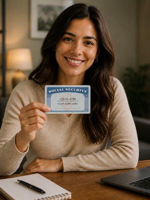 a woman smiling and holding her US social security number card