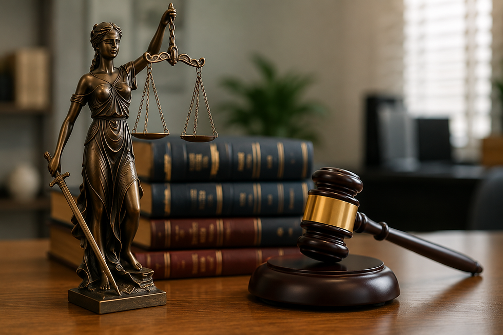 Estátua da Justiça com balança e espada, martelo de juiz e livros de direito sobre mesa em escritório, ambiente sóbrio.