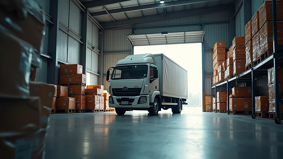 Eye-level view of a delivery truck parked in a warehouse loading area