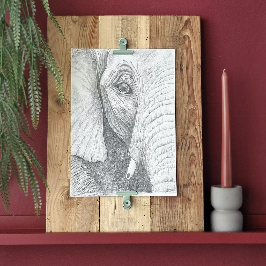 Elephant Drawing with Rustic Wooden Frame
