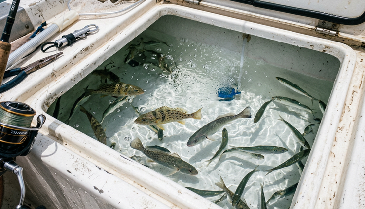Close-up view of a live bait well filled with pigfish, croakers, and pilchards.
