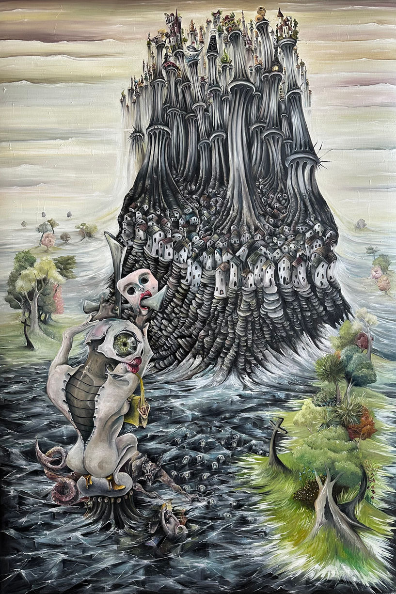 Envy painting gaining intricate detail as the city, figures and landscape develop into a densely layered narrative scene.