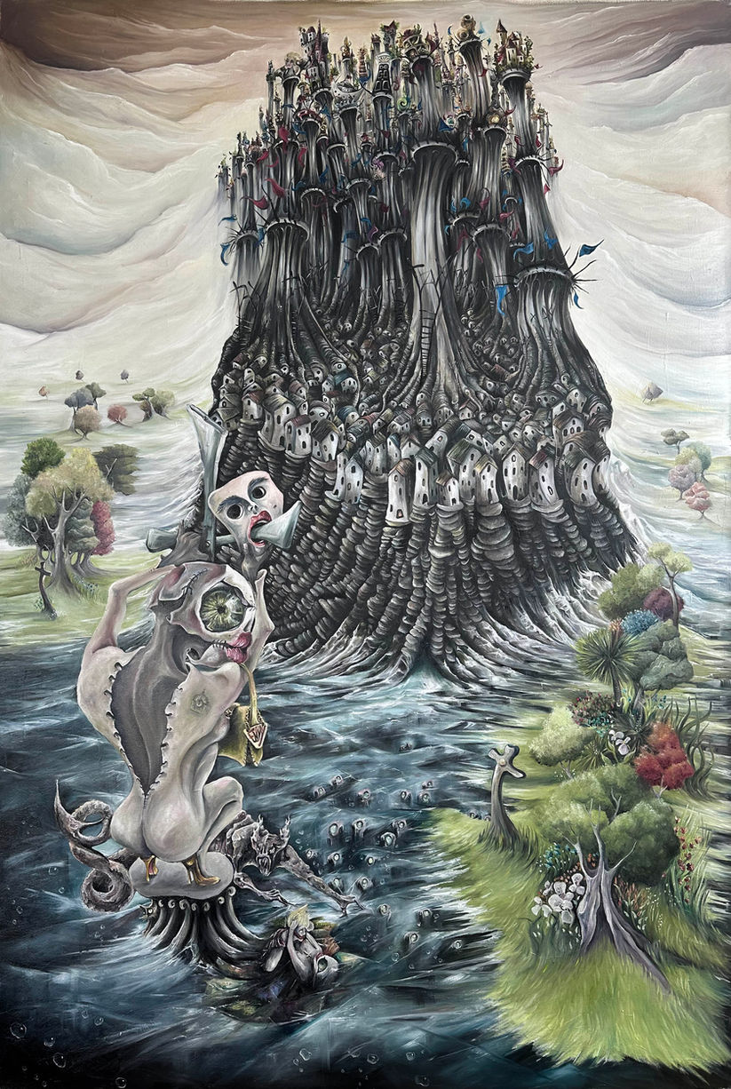 Advanced stage of Julia O'Sullivan's Envy painting, with increasingly precise details connecting the city, figures and surrounding landscape.