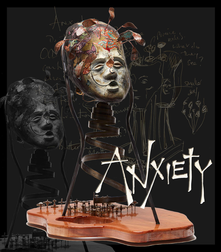 Anxiety sculpture by Julia O’Sullivan featuring a sculpted head covered with mathematical equations, butterflies and symbolic imagery, exploring racing thoughts, uncertainty, time and the overwhelming cycle of anxiety.