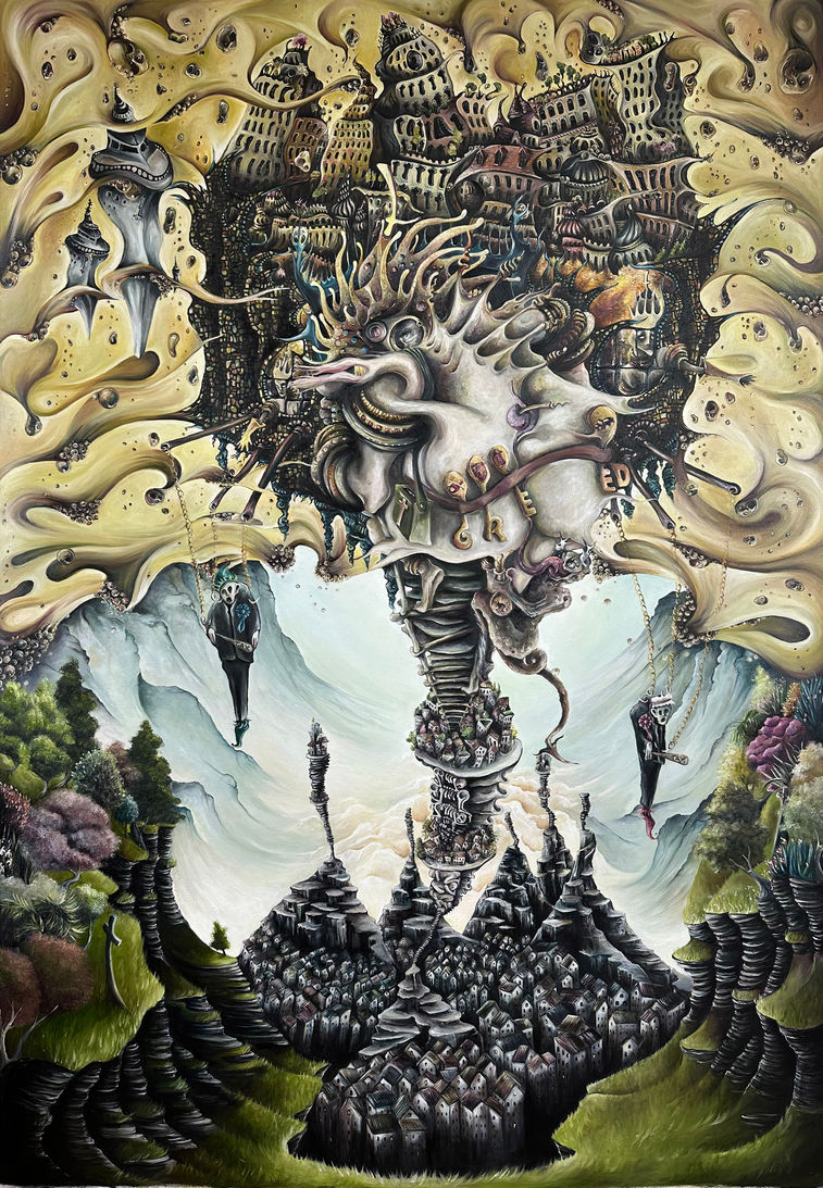 Near-complete Greed oil painting by Julia O’Sullivan as final shadows, highlights and fine details are added.