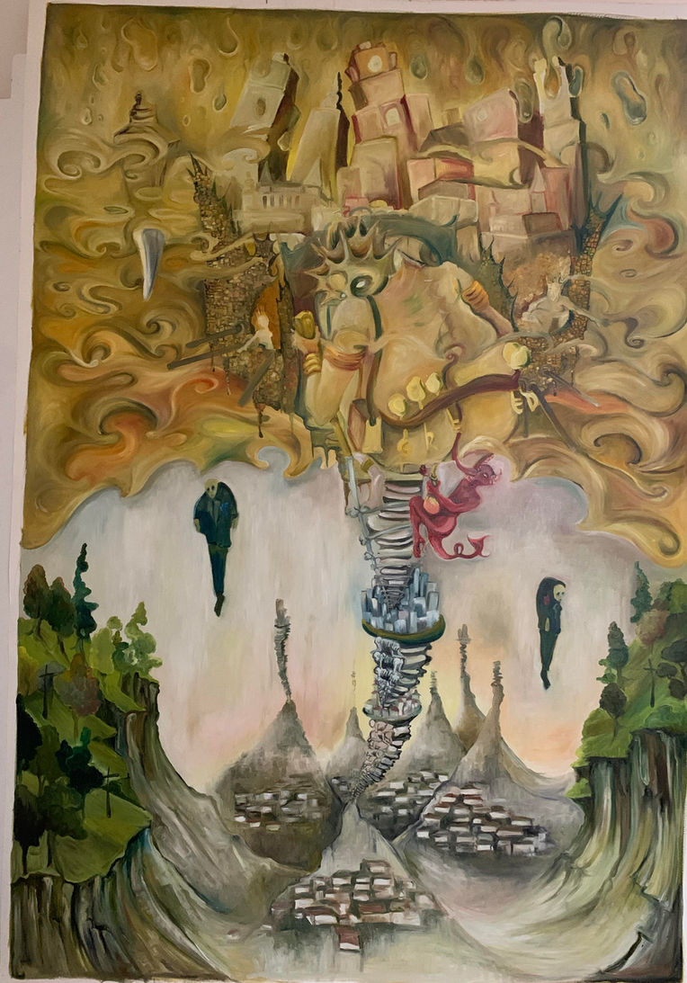 Greed painting in progress showing the redesigned head becoming larger, more elaborate and increasingly extravagant.