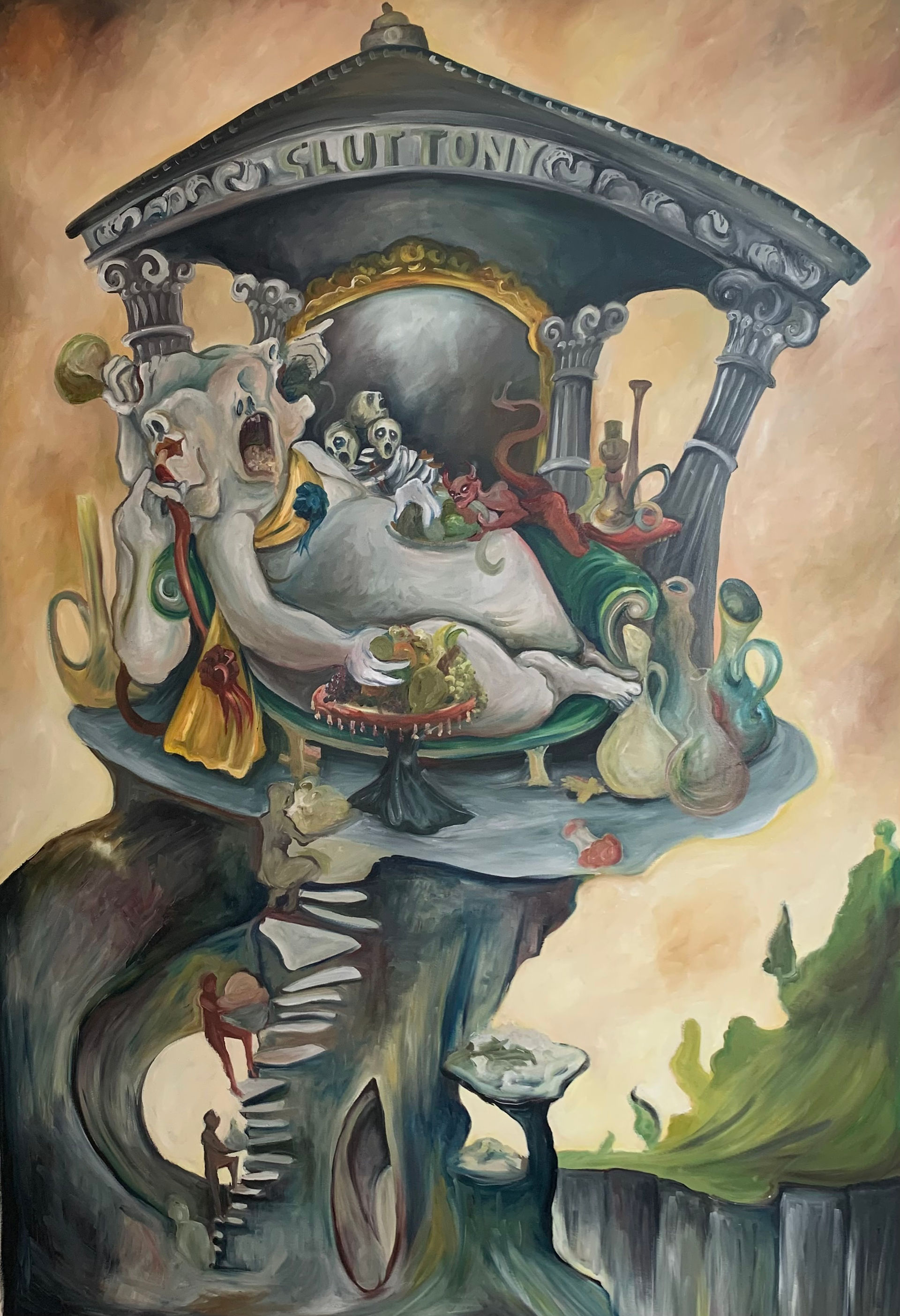 Own Your Sin – Gluttony artwork by Julia O’Sullivan, showing the second layer of oil paint applied to the canvas as depth and form begin to develop.