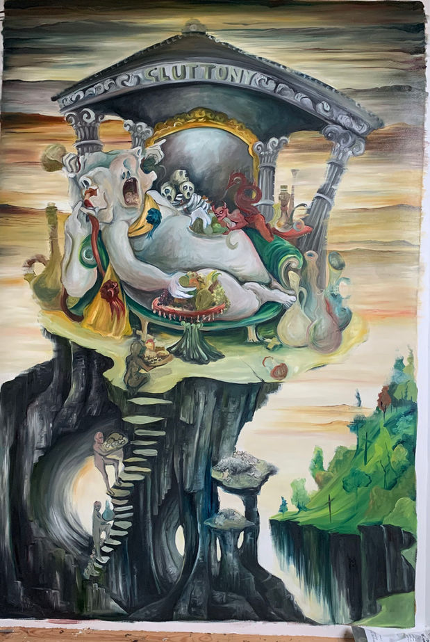 Developing Gluttony painting as the central formation and surrounding landscape become more established within the layered composition.