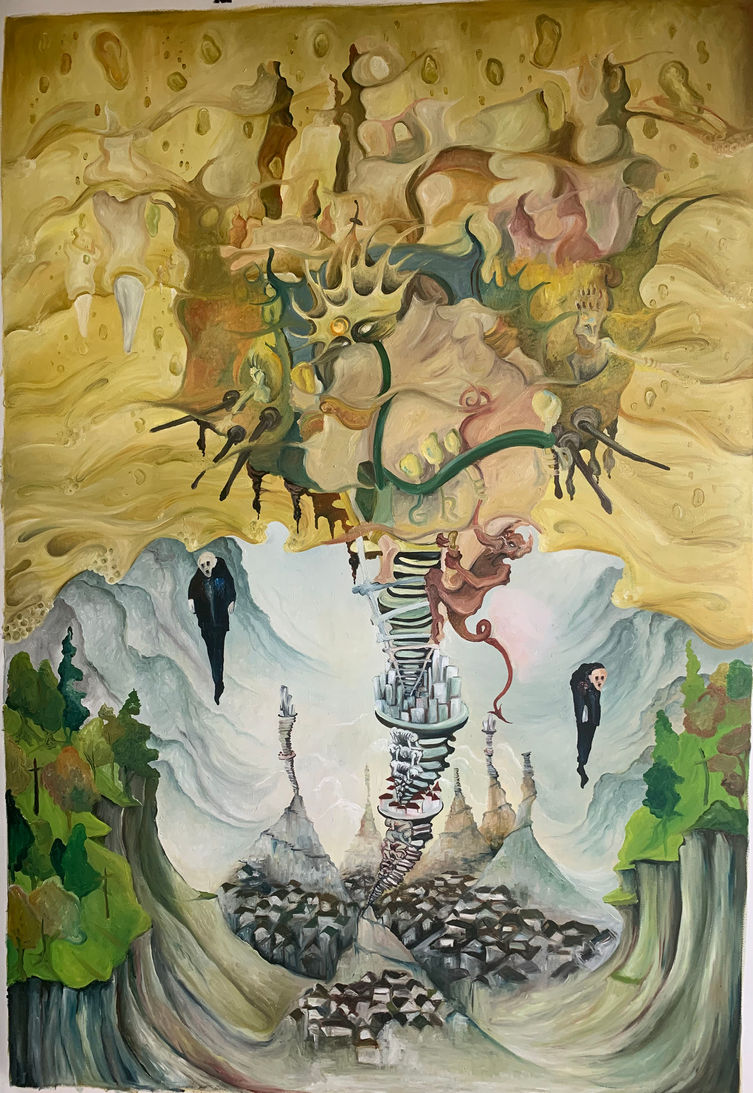 Greed oil painting at a later stage, with the transformed central figure and increasingly detailed cities above and below.