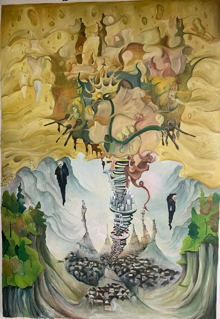 Greed oil painting at a later stage, with the transformed central figure and increasingly detailed cities above and below.