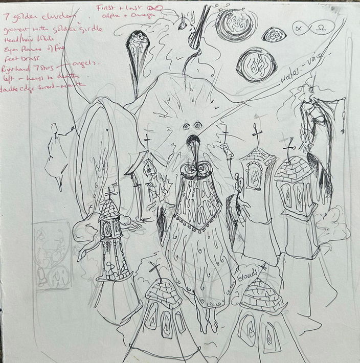 First of thirteen preparatory sketches by Julia O’Sullivan mapping the composition of The Book of Revelation painting, beginning with the Son of Man and John’s story.