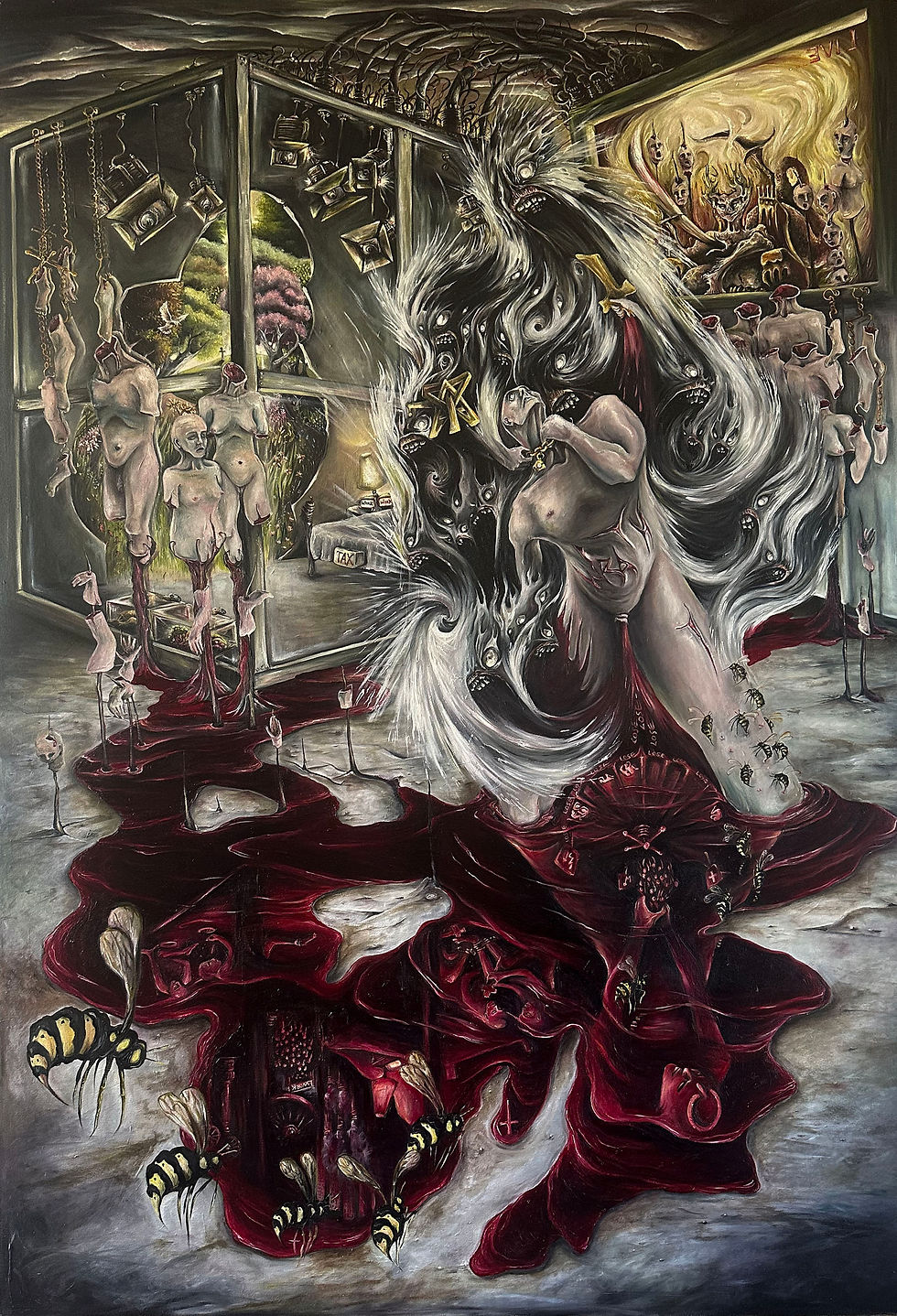 The Seven Deadly Sins Collection: Wrath is an oil painting by Julia O'Sullivan of Jupigio Artwork. Rich in symbolic detail, the painting explores Wrath as a force born from unresolved anger, pain, and trauma, depicting its explosive destruction and the traditional punishment for the sin in Hell through a dramatic and layered visual narrative.