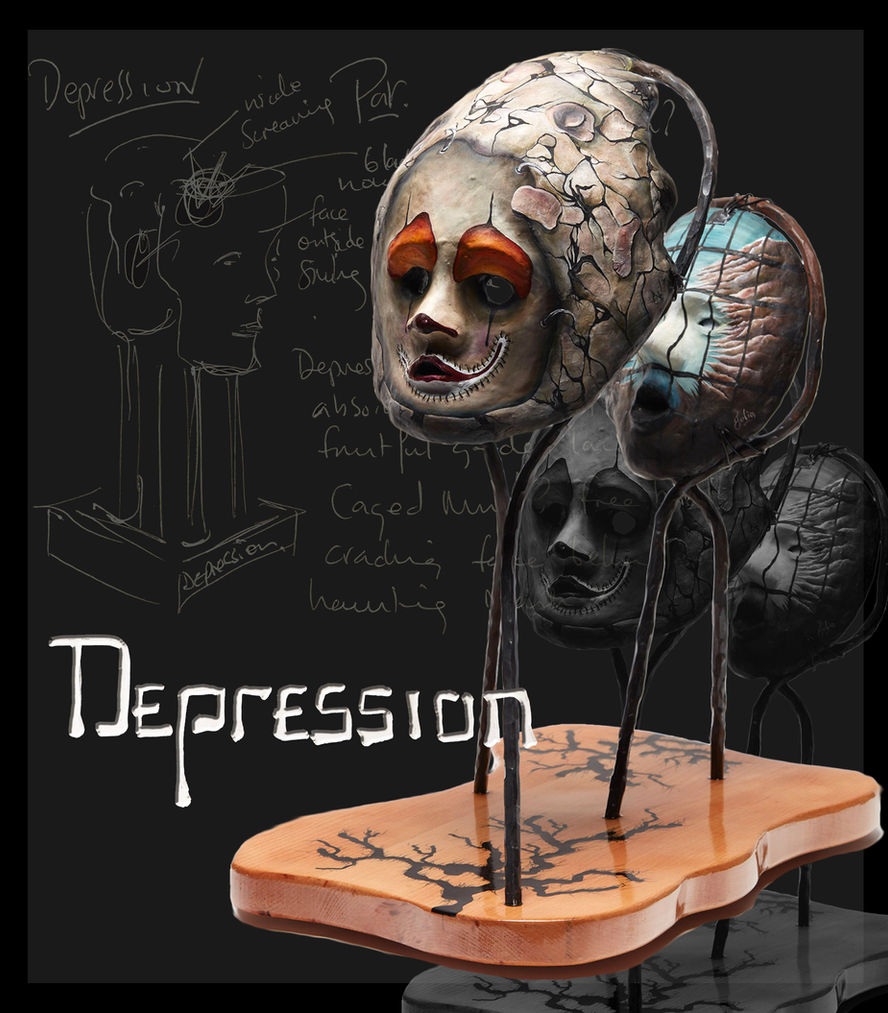 Depression sculpture by Julia O’Sullivan featuring two connected heads, one wearing a mask representing hidden struggles and one showing a caged mind beneath an open sky symbolising emotional confinement and hope.
