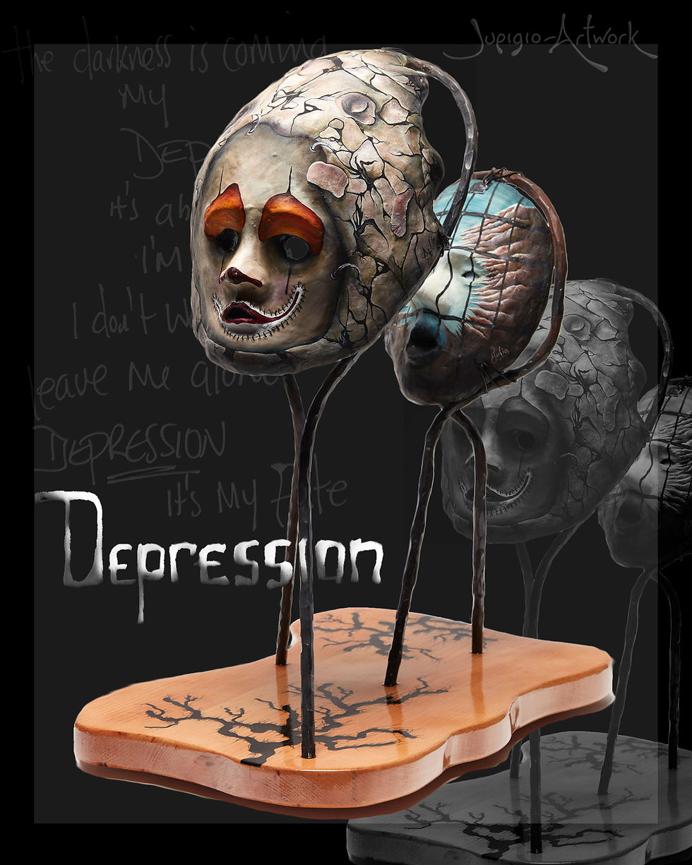 Depression sculpture by Julia O’Sullivan depicting a fragmented face, haunting clown mask and caged inner mind symbolising hidden struggles and emotional isolation.