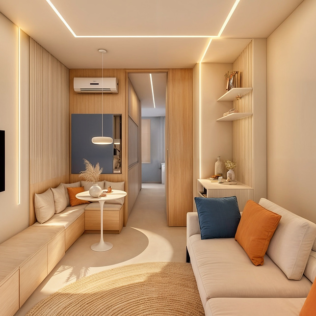 sala de estar clean, com paleta de cores neutras, off white e madeira clara. Destaque para canto alemão e espelho