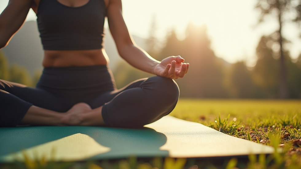 Eye-level view of a person practicing yoga outdoors on a mat