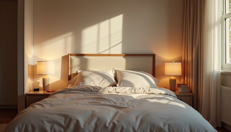 Eye-level view of a cozy bedroom with soft lighting and a comfortable bed