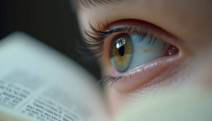 Close-up view of an eye focusing on a book page