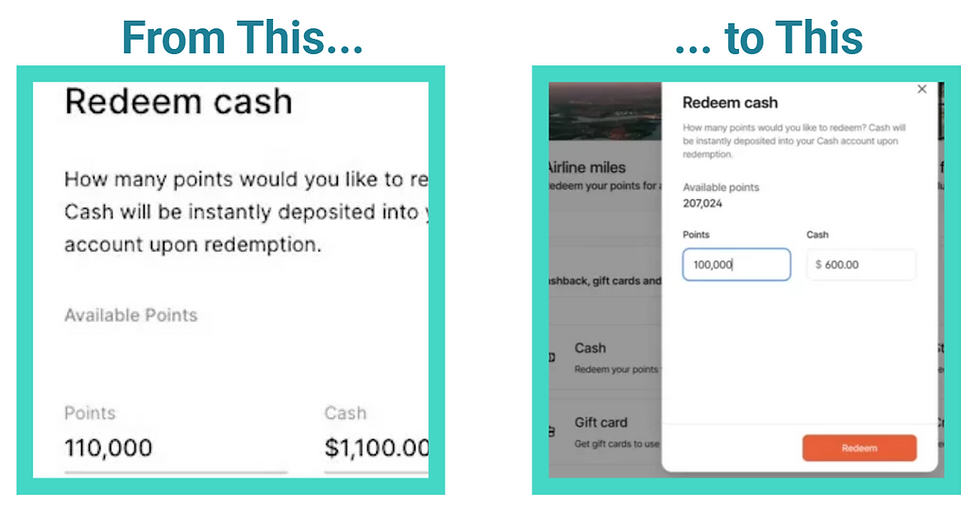 From this: 110,000 points being redeemed for $1,100
...to this: 100,000 points being redeemed for $600