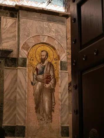 Artistic perspective of the biblical figures and saints on the walls of Kariye Mosque. A must-visit historic site near Casa Rosa Suites Istanbul.