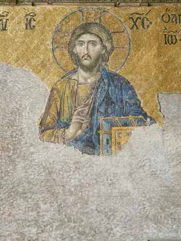 Famous Deesis mosaic featuring Christ, Mary, and John the Baptist in Hagia Sophia. Witness world-class historic art in Istanbul near Casa Rosa Suites.