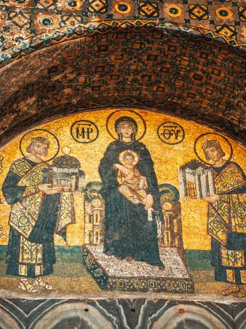The mosaic of Emperors Justinian and Constantine offering gifts to Mary in Hagia Sophia. A tangible link to Istanbul's imperial past near Casa Rosa Suites.