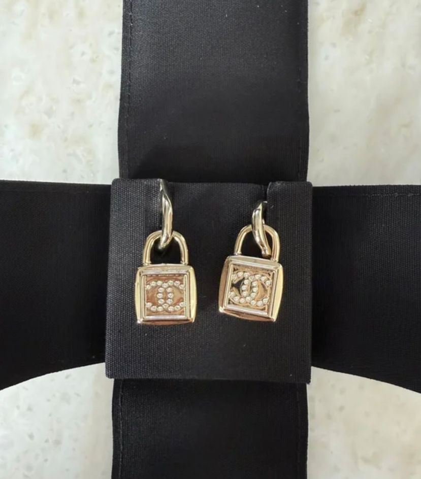 CHANEL Metal CC Lock Drop Earrings (never worn)