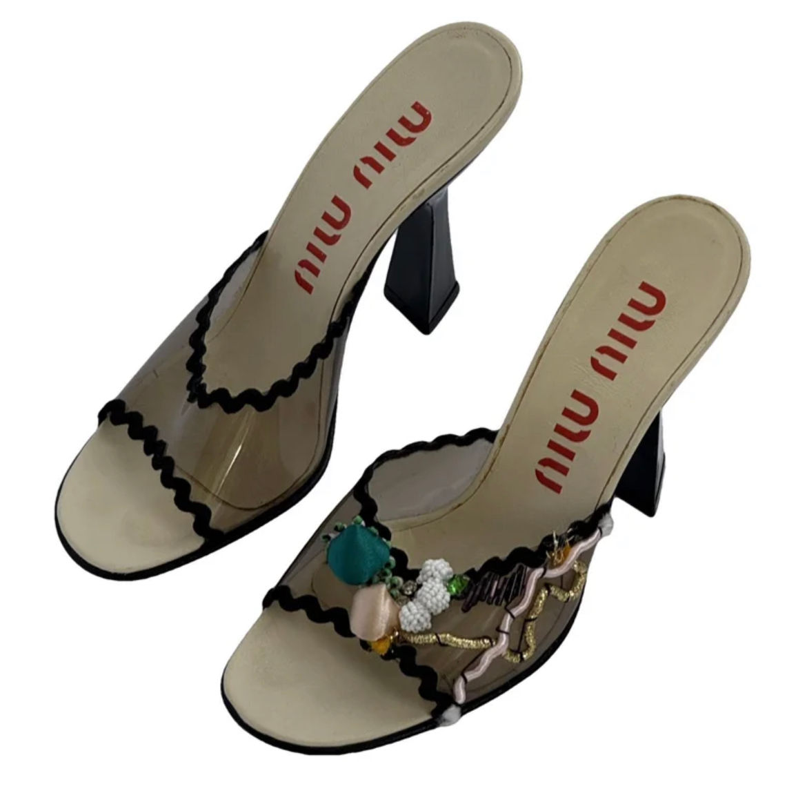 Miu Miu 1998 Black Embroidered Clear PVC Mules (37EU)