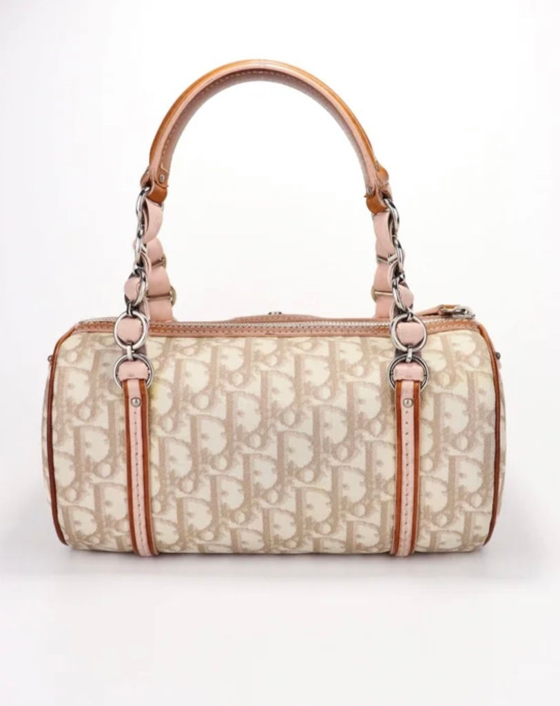 Thumbnail: Rare limited Dior Romantique Pink & Tan Trotter Leather Barrel bag