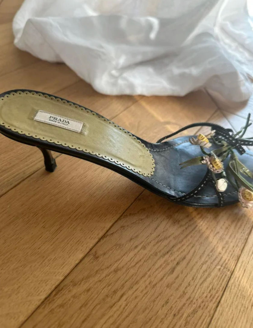 Thumbnail: Prada rare Floral Appliqué Leather Mules (40 eu)
