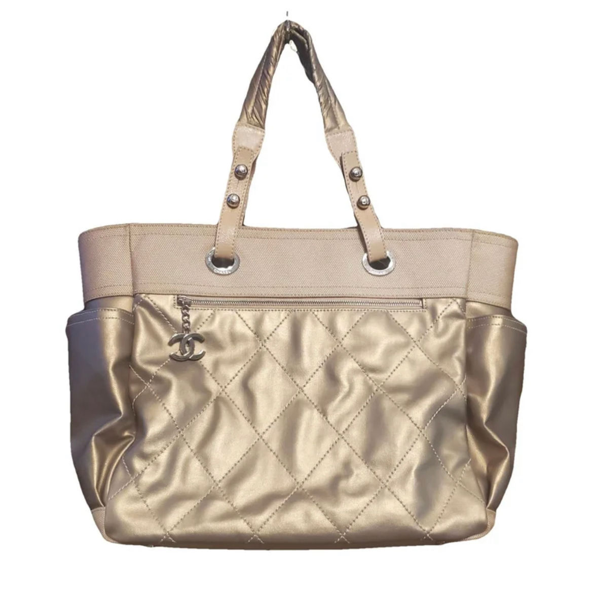 Chanel GM Paris Biarritz Leather Quilted Gold/Tan Shoulder Bag Tote