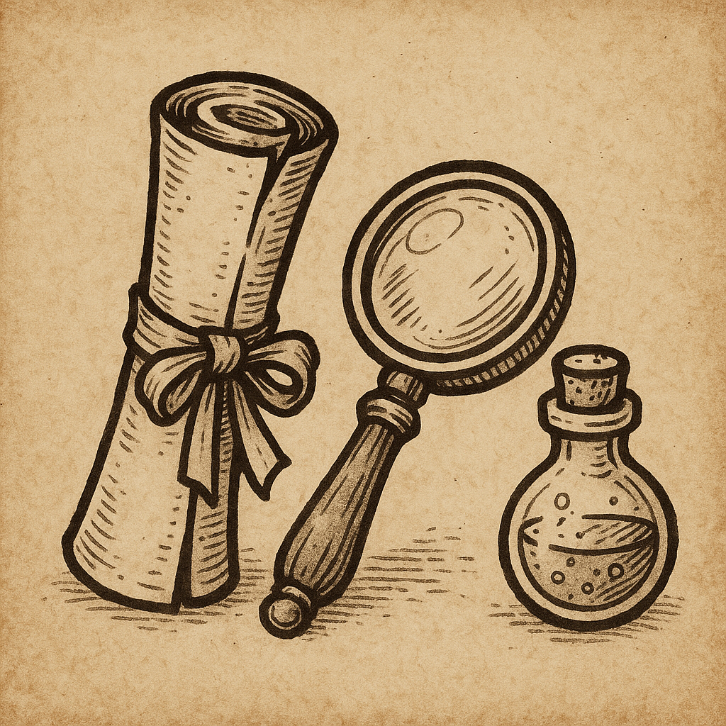 Fantasy line-art icon of a rolled-up scroll tied with a ribbon, next to a magnifying glass and a small potion vial. Ink drawing on parchment paper style with muted brown and gray tones.