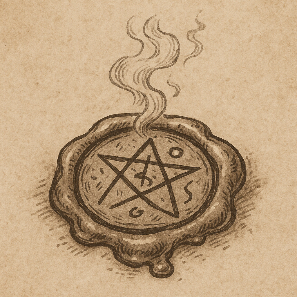 Hand-drawn fantasy icon of a wax seal stamped with an arcane sigil, faint smoke curling above, brown-gray ink on parchment background.