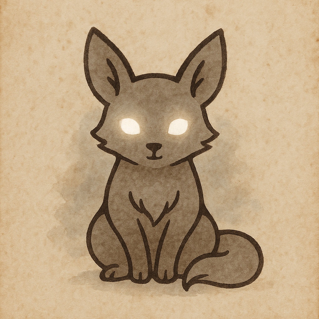 Minimalist fantasy icon of a small animal with glowing eyes, sitting peacefully, drawn in brown-gray ink on parchment paper with soft color accents.
