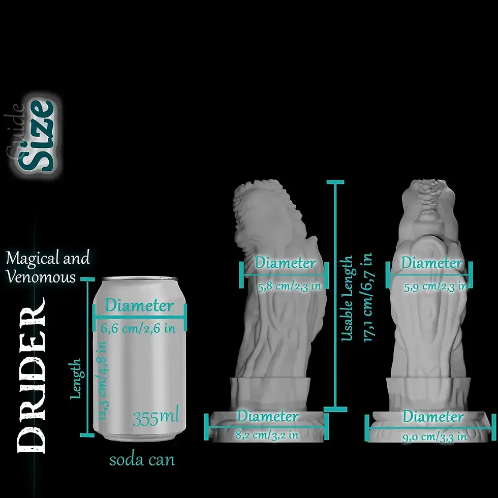Miniatura: Drider dildo size chart showing length, diameter, and comparison to soda can.