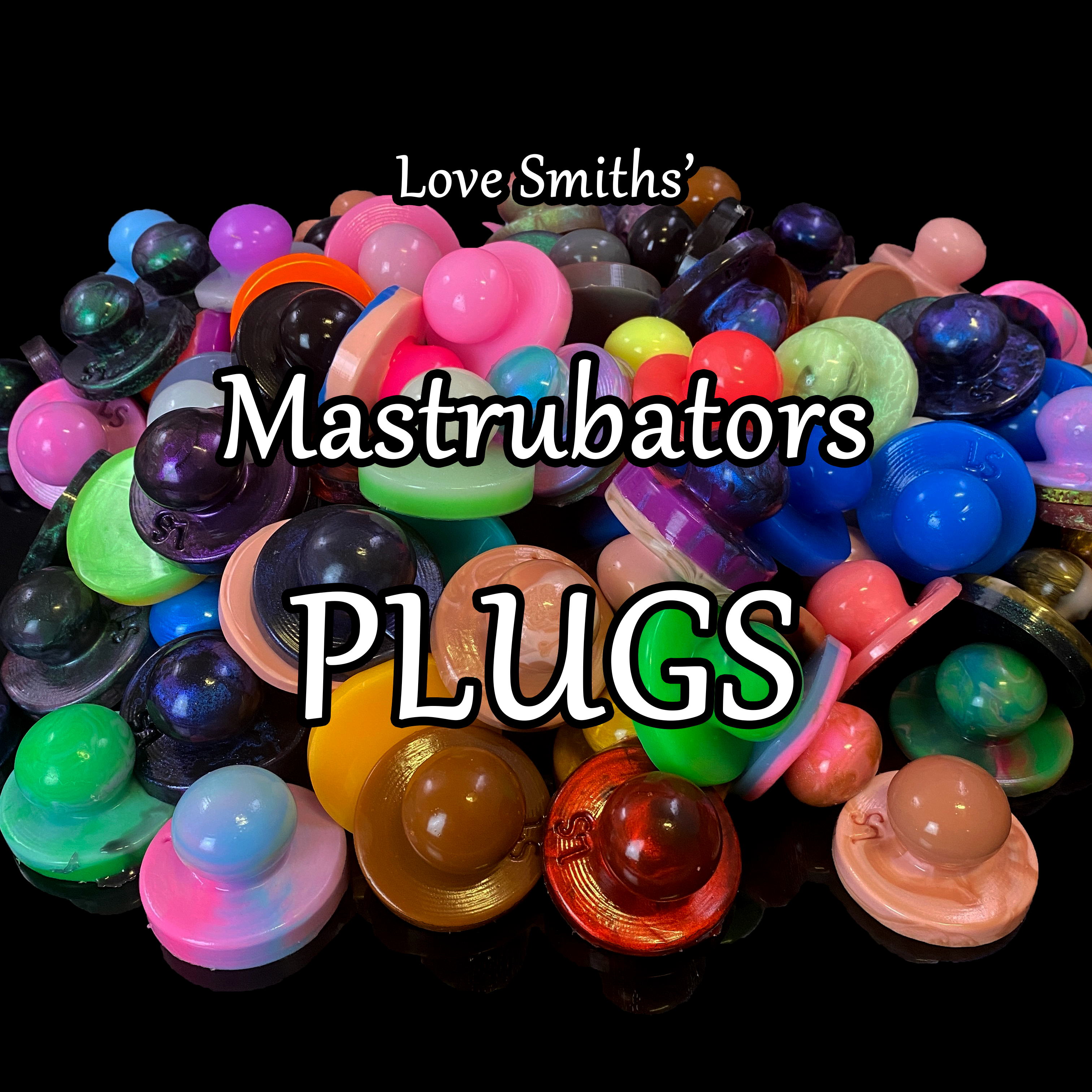Banner with a bunch of silicone masturbators plugs in random colours from Love Smiths